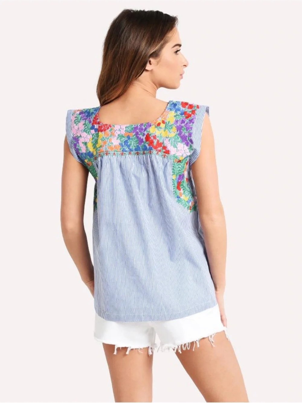 J.Marie Blue Striped Floral Mexican Embroidered Sleeveless Top - Picture 2 of 10